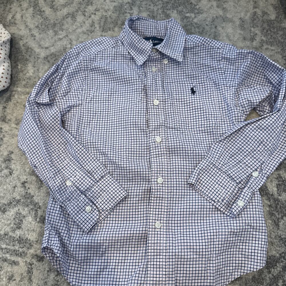 Ralph Lauren Boys Blue Check Oxford Cotton Button Down Shirt Size 5 Long Sleeve
